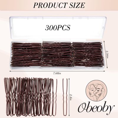 obeboy U Shaped Hair Pins, 300 PCS Brown Bobby Pins with Box Hair Pins for Women Girls Hair Buns Updos French Twists, for Thick/Thin Hair 2.4 Inch