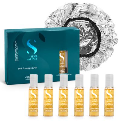 Alfaparf SOS Reconstruction reparative Emergengy oil, treatment for Damaged hair, Hair breakage, Strengthening 6 vials Bundle with Conditioning treatment cap by Beauty Nation