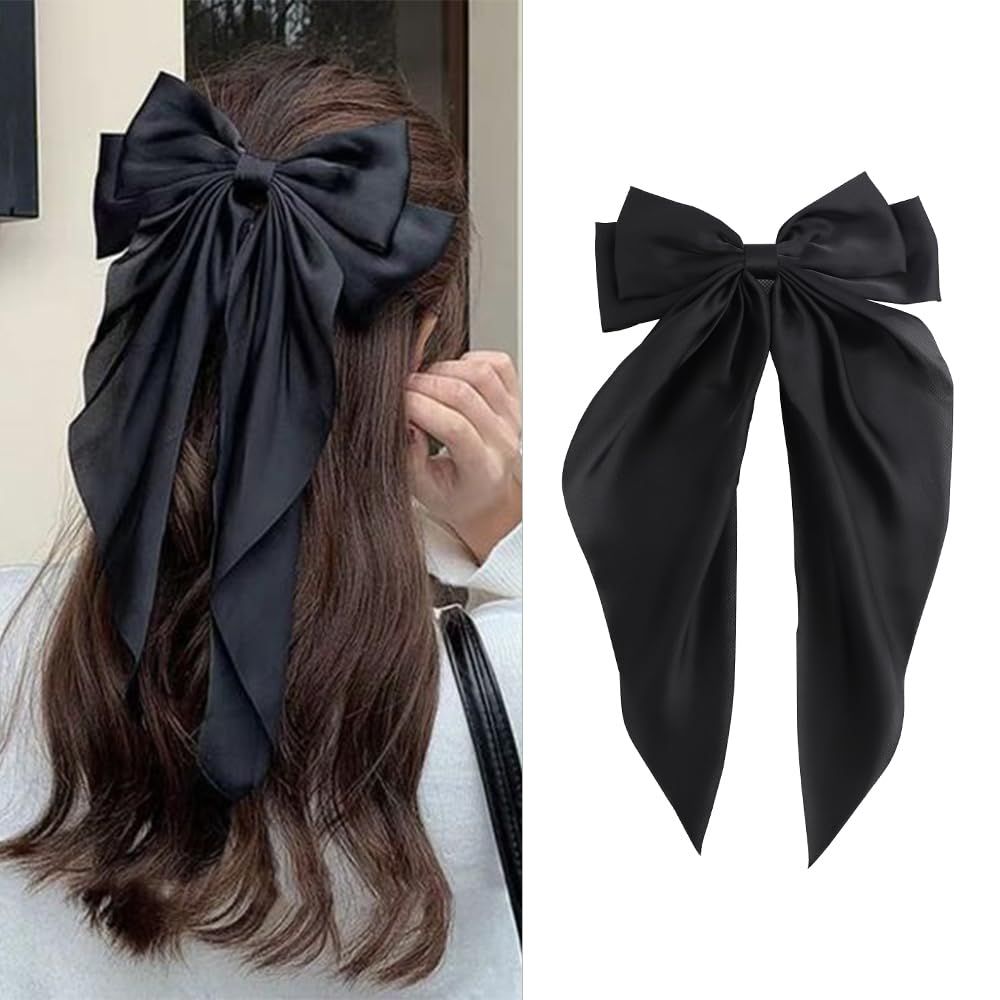 FYIMUYI Silky Satin Oversized Long-tail Bow Clip, Large Black Hair Bow for Women Girl, Hair Accessories with Long Tail, 1Pcs