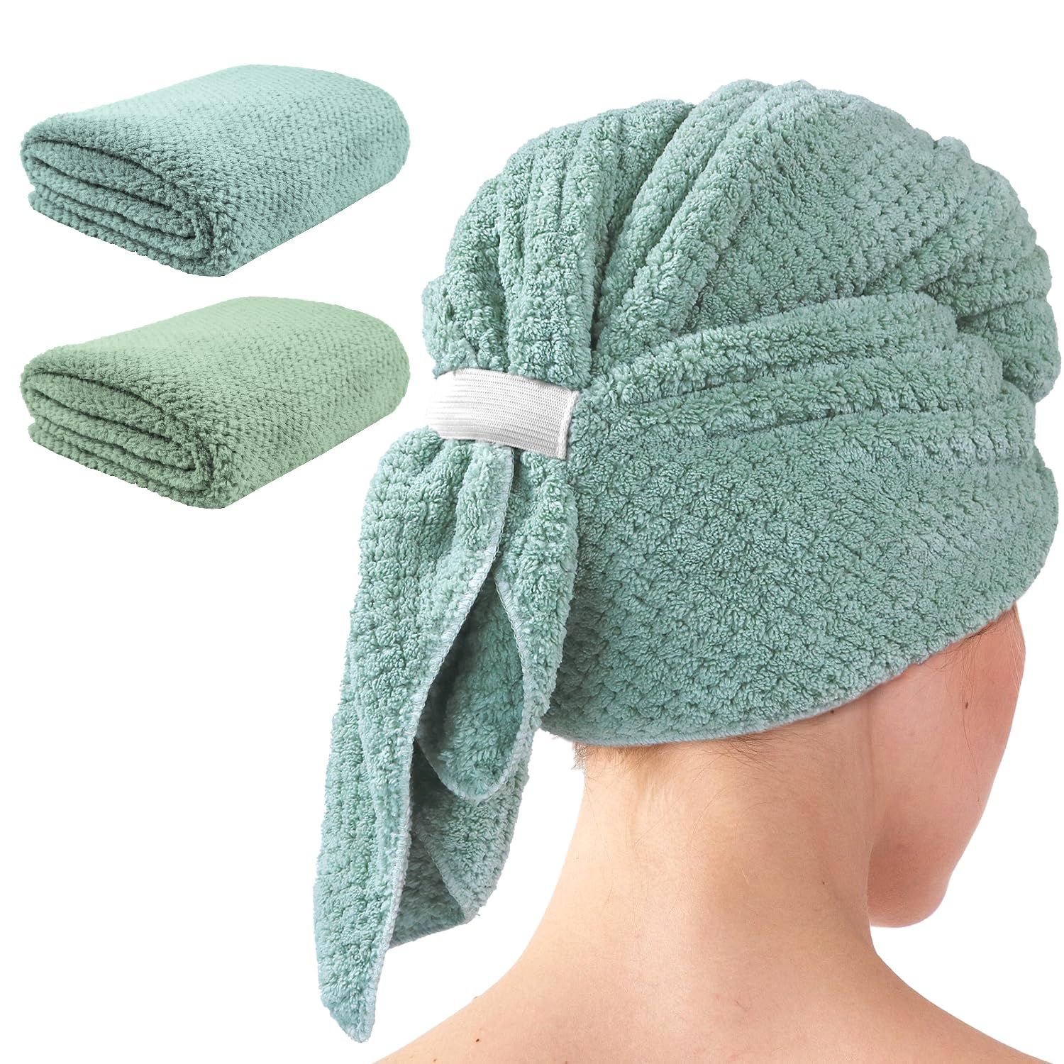 my novel things 2 Pack Extra Large Microfiber Hair Towel Wrap, 37.4&quot; x 26.4&quot; for Women, Super Absorbent &amp; Quick Dry Hair Towel with Elastic Strap for Curly Hair Green
