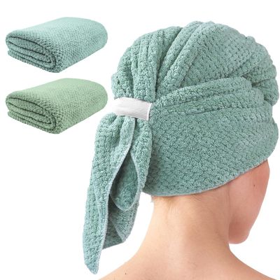 my novel things 2 Pack Extra Large Microfiber Hair Towel Wrap, 37.4&quot; x 26.4&quot; for Women, Super Absorbent &amp; Quick Dry Hair Towel with Elastic Strap for Curly Hair Green