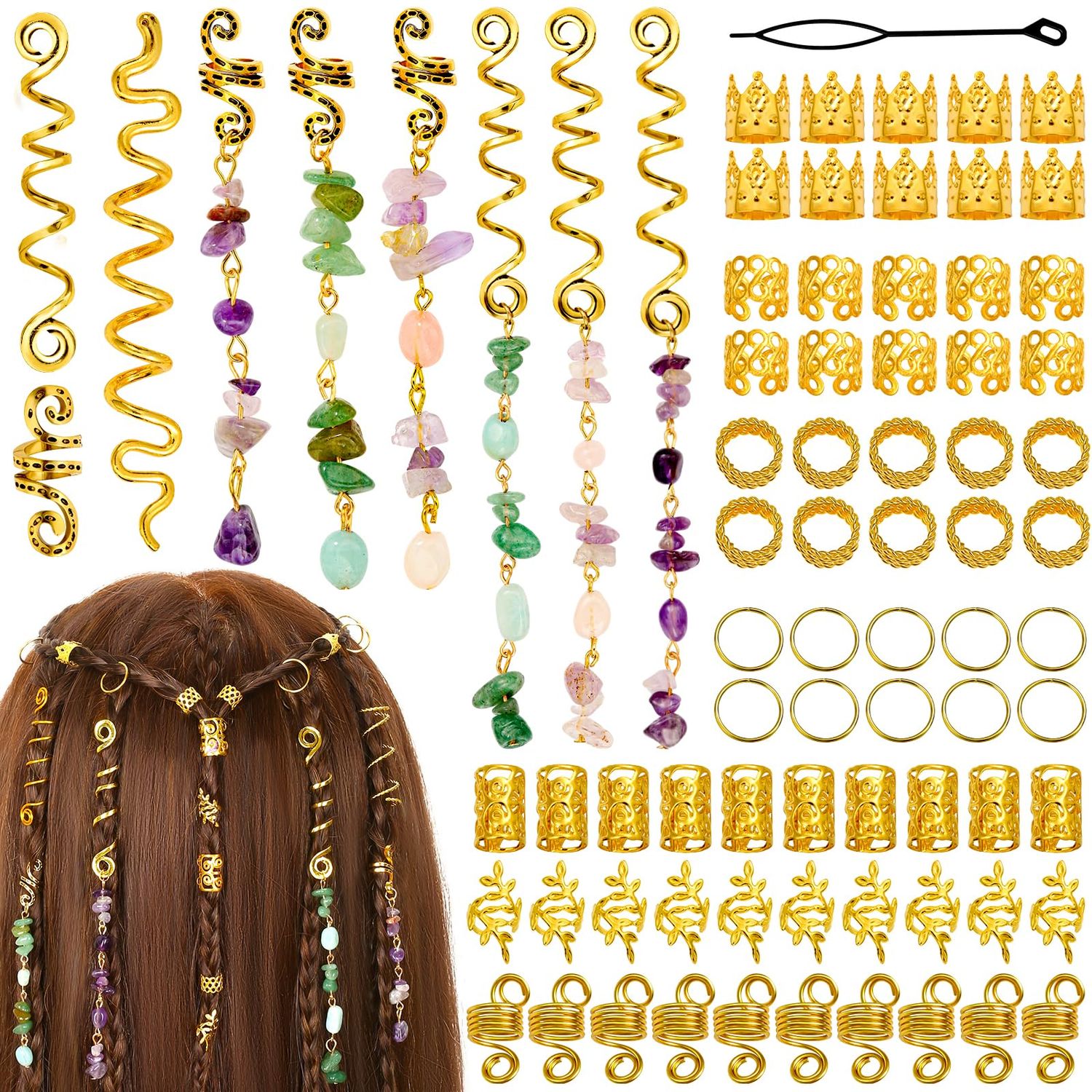 Jollidecor 80 Pcs Natural Crystal Stone Dreadlock Accessories, Hair Jewelry for Braids Hair Spirals Gems Charms Adjust Gold Loc Jewelry for Hair Cuffs for Girls Women Braids Hairstyle Decoration