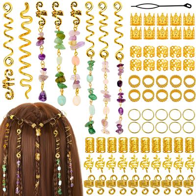 Jollidecor 80 Pcs Natural Crystal Stone Dreadlock Accessories, Hair Jewelry for Braids Hair Spirals Gems Charms Adjust Gold Loc Jewelry for Hair Cuffs for Girls Women Braids Hairstyle Decoration