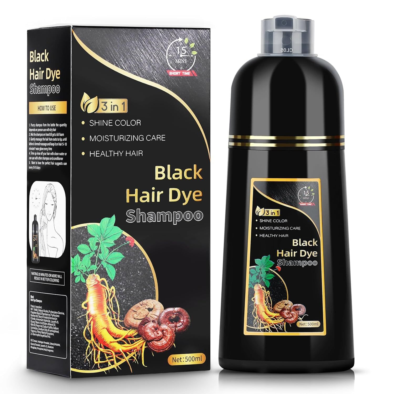 AUSGREER Black Hair Dye Shampoo 3 in 1 for Women &amp; Men Gray Hair Coverage, Hair Color Shampoo?Herbal Ingredients Long Lasting Color 16.9Fl Oz(500ML)