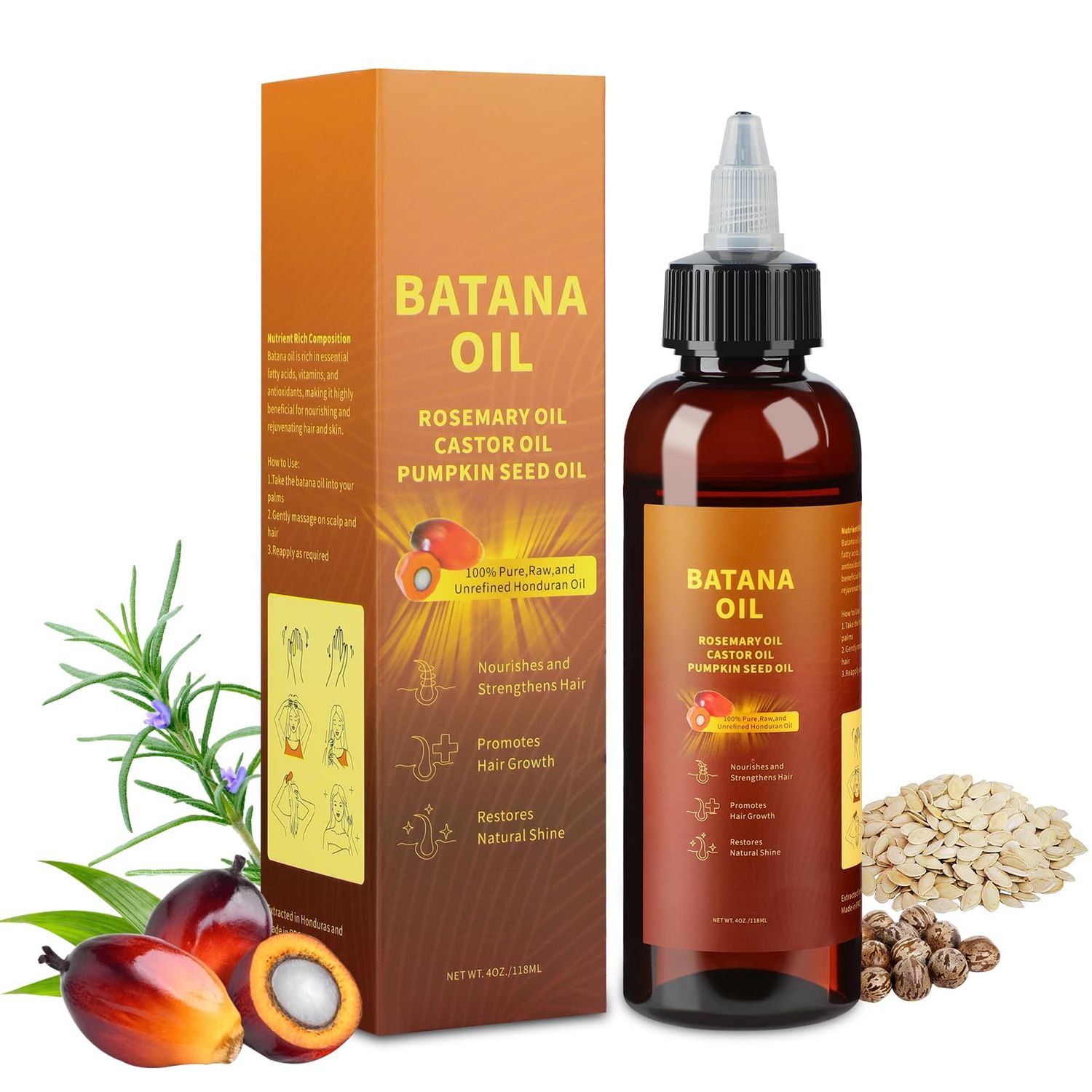 Natural Batana oil for hair growth,Batana Oil, Rosemary?Castor Oil?Pumpkin Seed Oil?4in1 Liquid Batana Hair Oil for All Hair Types (1PCS)