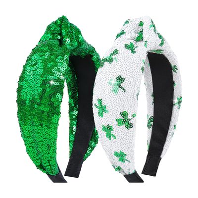 Lanmerry St.Patrick&#39;s Day Knot Headbands for Women Sequins Hairbands Wide Glitter Headband Girls Sparkle Headbands Fashion Hair Accessories Green White