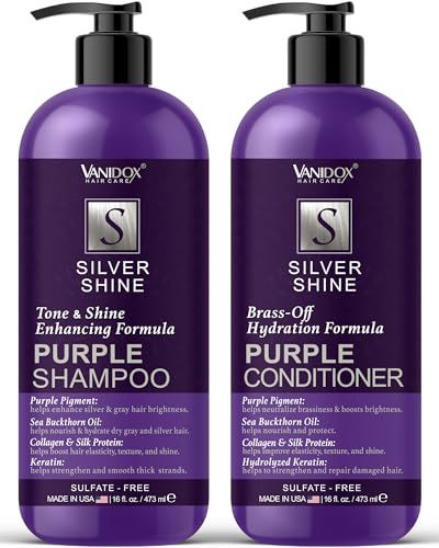 VANIDOX Sulfate Free Purple Shampoo and Conditioner Set for Grey and Silver Hair, Brass Toning with Infused Purple Pigment, for Women (16 fl oz each)