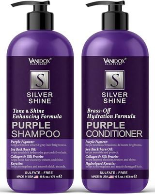 VANIDOX Sulfate Free Purple Shampoo and Conditioner Set for Grey and Silver Hair, Brass Toning with Infused Purple Pigment, for Women (16 fl oz each)