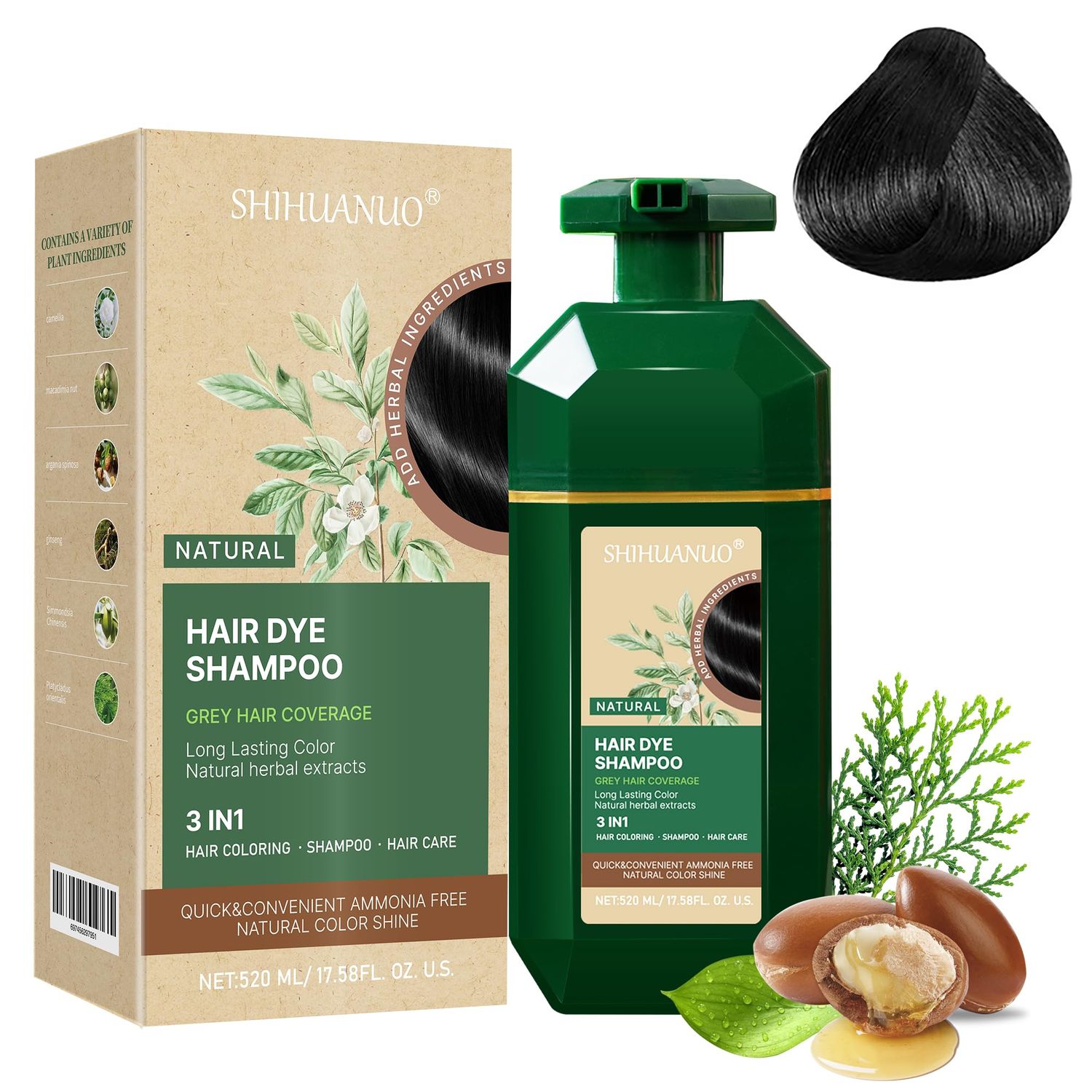 SHIHUANUO Black Hair Dye Shampoo 3 in 1 for Gray Coverage, champu para canas,Natural herbal formula? Black Hair Dye Shampoo for Women &amp; Men/Ammonia-Free 520ml