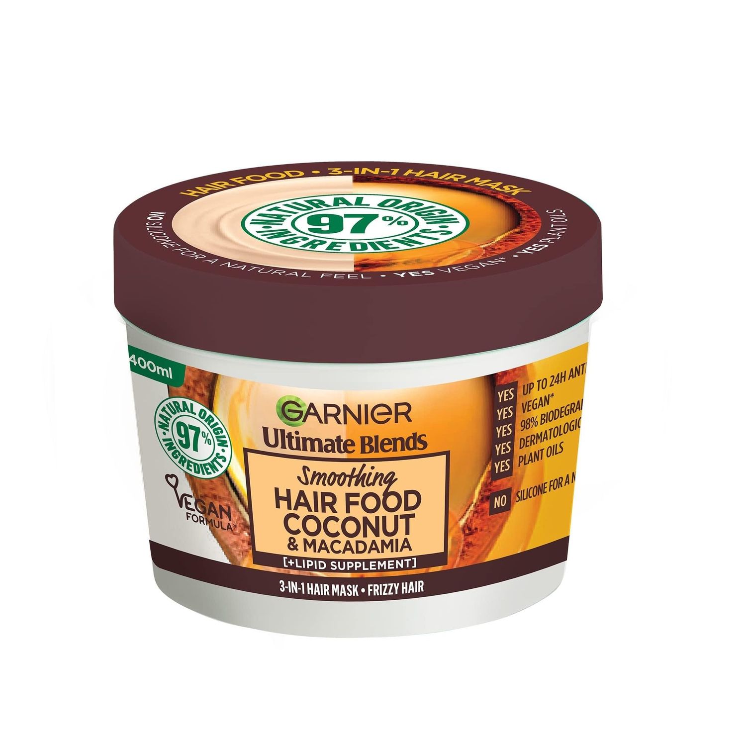 Garnier Hair Food 3-in-1 Hair Treatment Mask, Smooths and Nourishes, For Frizzy &amp; Curly Hair, No Silicones, Vegan Formula, Coconut Oil, Ultimate Blends, 400ml (Packing and Ingredients may vary)