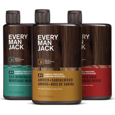 Every Man Jack Men&#39;s 2-in-1 Daily Shampoo + Conditioner Variety Pack - Includes 3 Outdoor Inspired Scents Scents - Amber + Sandalwood, Cedar + Red Sage, Sea Minerals + Citron, 13.5 oz (3 Pack)