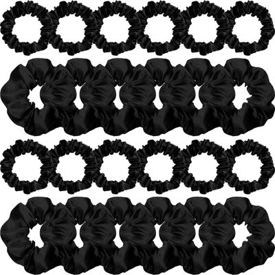 WILLBOND 24 Pieces Satin Hair Scrunchies Silky Elastic Bands Skinny Solid Hair Ties Ropes Ponytail Holder for Women Headdress Accessories Decorations, 2 Sizes(Black)