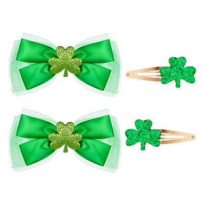 Glitter Shamrock Green Hair Clips - 2 Pairs Green Hair Accessories, Lucky Shamrock Hairpins, St. Patrick&#39;s Day Accessories for Kids, Include Clover Bow and Glitter Hair Clips