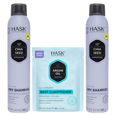 HASK Chia Seed Volumizing Dry Shampoo Duo (4.3oz-Qty 2) &amp; Argan Oil Repairing Deep Conditioner Packette, Aluminum-Free, Sulfate-Free, Paraben-Free, Color Safe, for All Hair Types