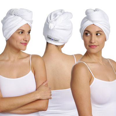 Turbie Twist 3-Pack Cotton Hair Towel Wrap for Beauty, Travel, Gifting - Fast-Drying Turban for Luxurious Personal Care - For All Hair Types &amp; Lengths - White
