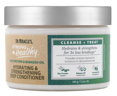 Dr. Miracle&#39;s Strong &amp; Healthy Hydrating &amp; Strengthening Deep Conditioner. Contains Coconut Oil to provide intense moisture and repair damaged hair.