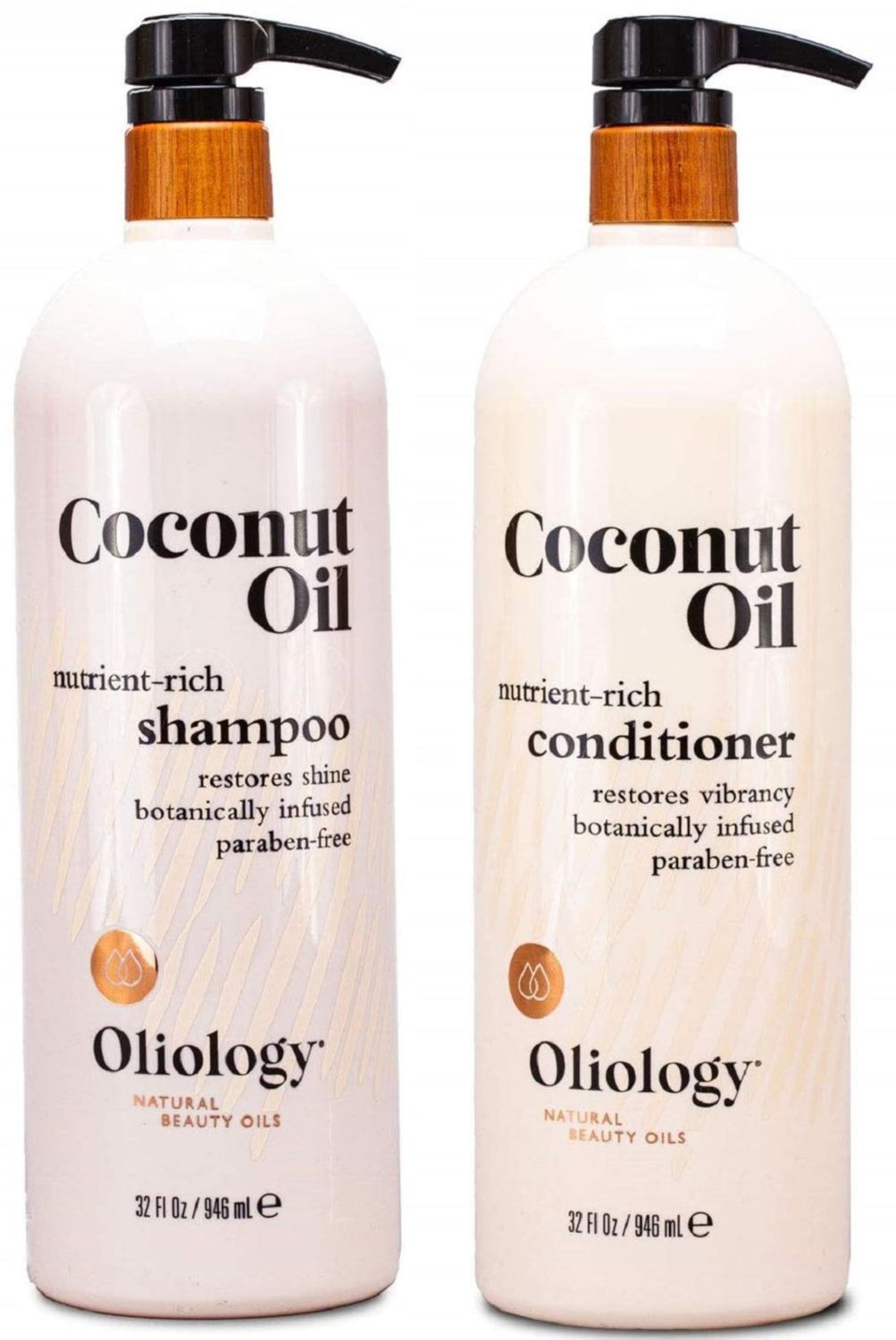 Oliology Nutrient Rich Coconut Oil Shampoo &amp; Conditioner Combo Pack - Helps Restore Damaged Hair | Provides Intense Shine | Moisturizing | Made in USA, Cruelty Free &amp; Paraben Free (32oz)