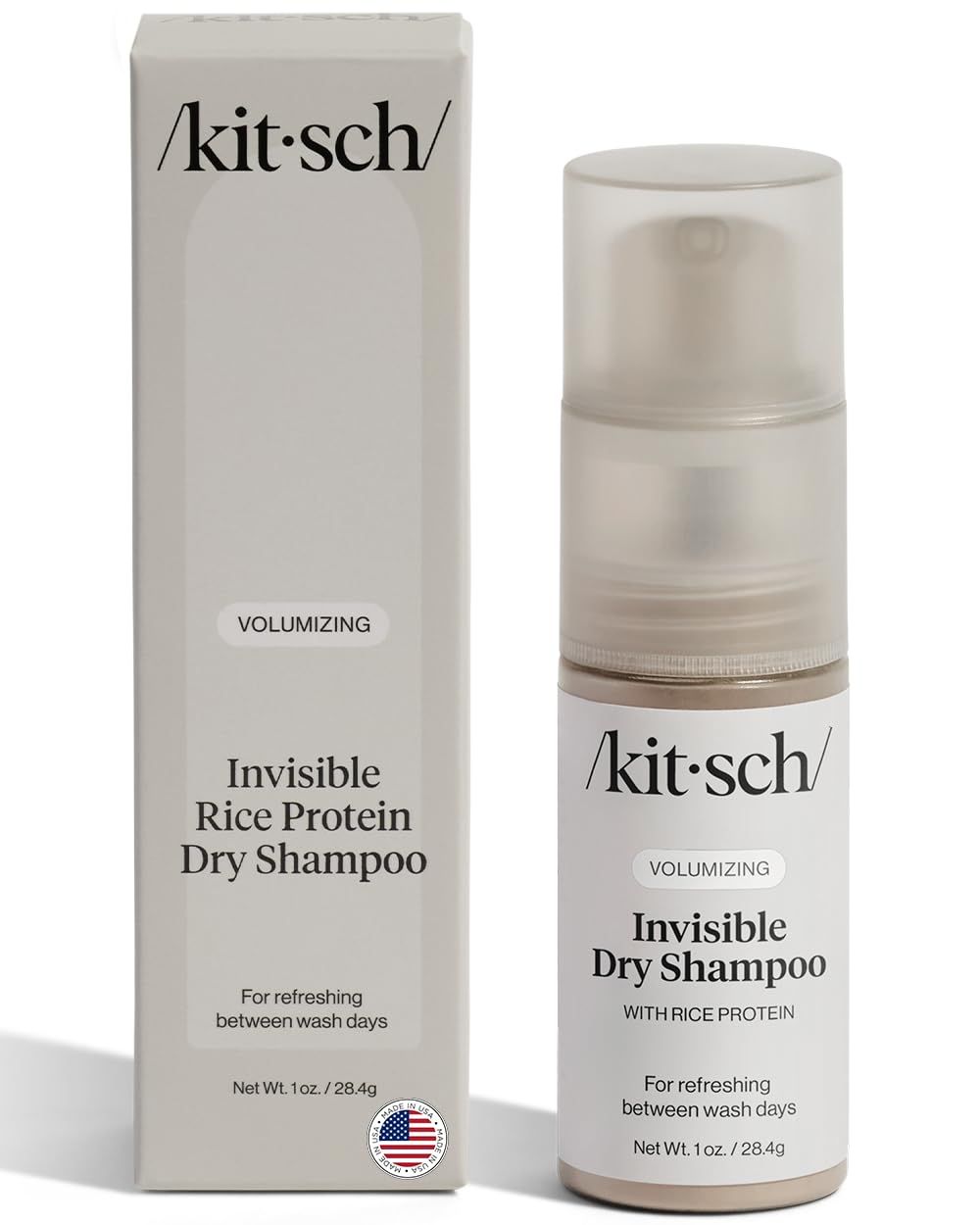 Kitsch Volumizing Rice Protein Dry Shampoo Powder - Dry Shampoo for Women &amp; Men, No White Cast, Absorbs Oil, Non-Greasy, For Light-to-medium Hair Colors, Travel Size in Pump Form - Invisible 1oz