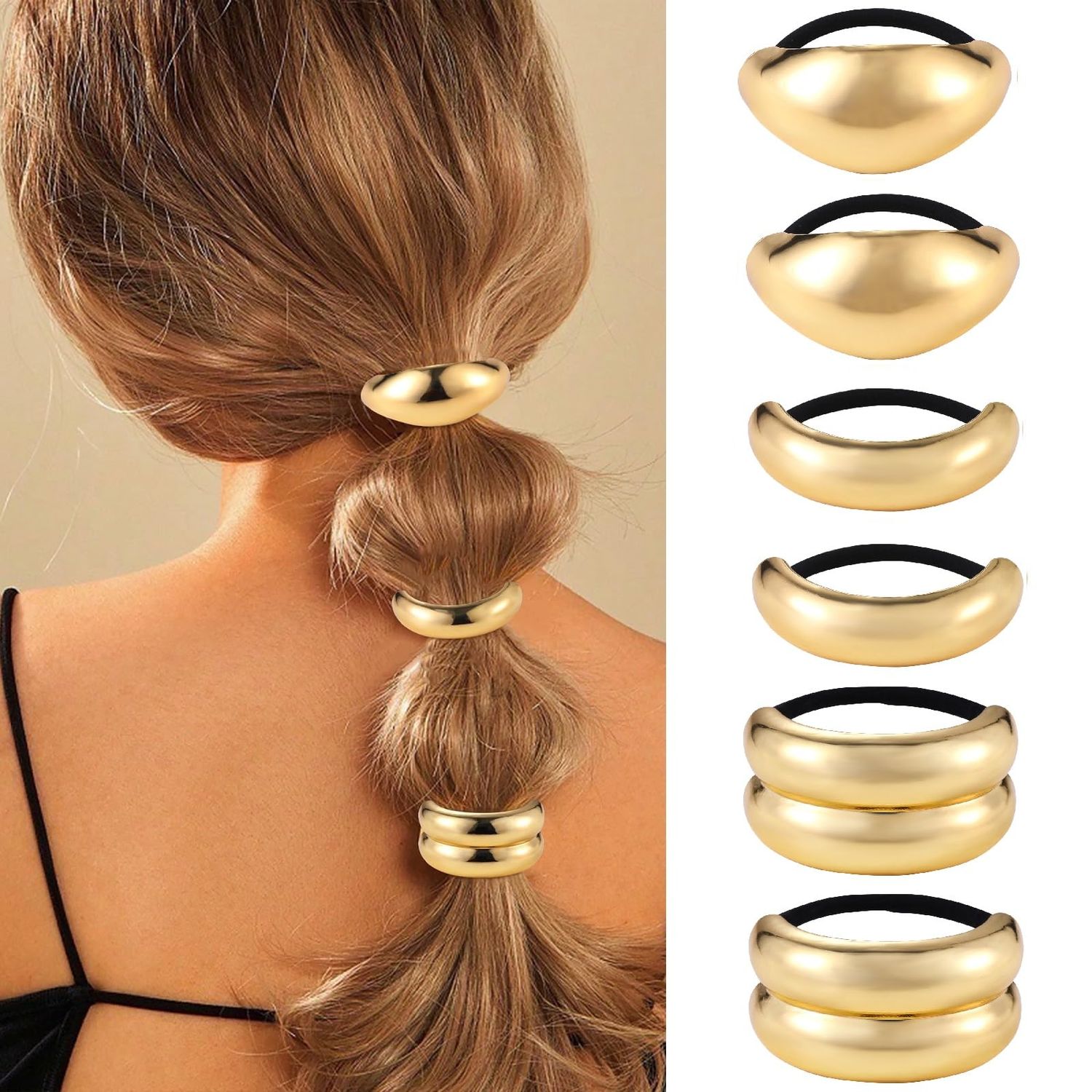 papasgix 6 PCS Metal Hair Tie, Gold Hair Ties, Gold Hair Cuff, Ponytail Hair Cuff, Gold Ponytail Cuff Silver Metal Hair Ties Hair Elastic Hair Ties for Women Gold Hair Accessories (Set 05)