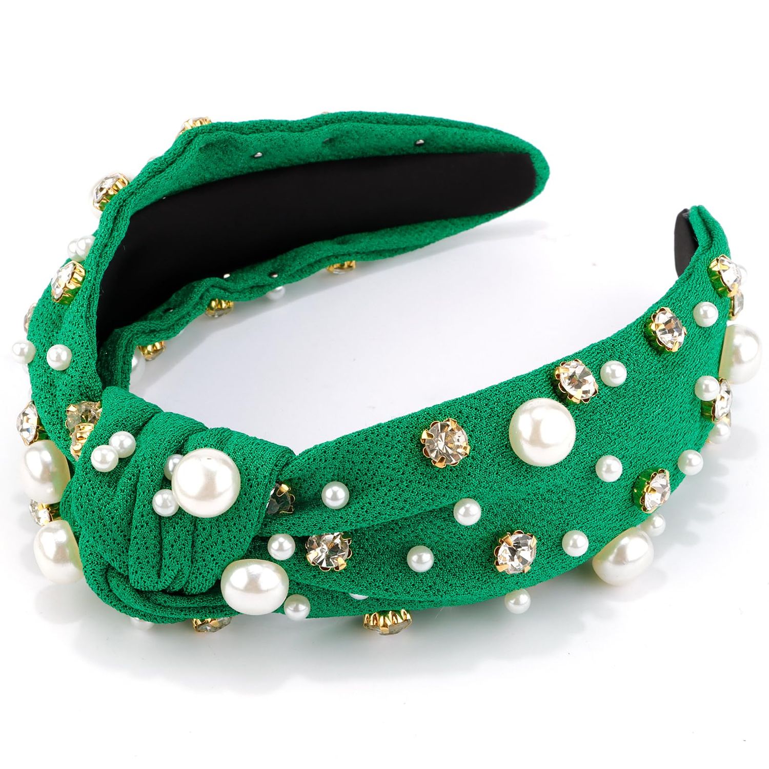 VELSCRUN Green Headband Knotted Pearl and Rhinestone Headbands for Women and Girls - White Crystal Hair Accessory, Wide Top Knot Band, Holiday Gift for Mothers and Sisters