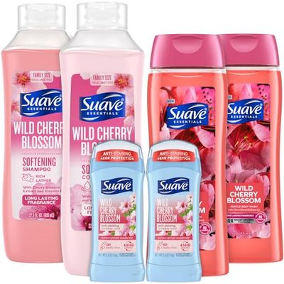 Suave Body Wash 2-Pack, Shampoo &amp; Conditioner + Antiperspirant Deodorant 2-Pack, Wild Cherry Blossom Bundle (6 Piece Set)
