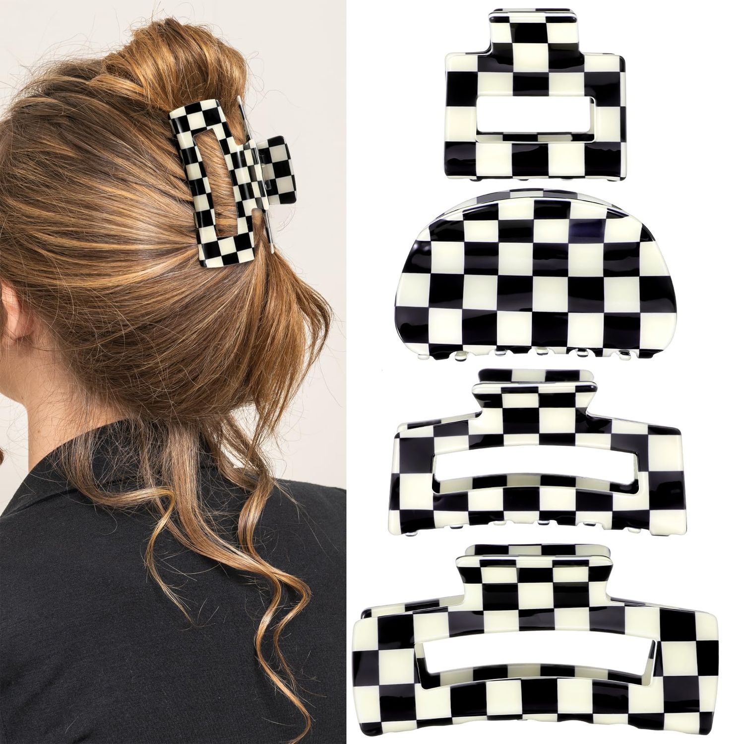 4Pcs Checkered Hair Claw Clips, Non-Slip Hair Jaw Clips for Thick, Thin, Curly, Straight, Long Hair, Simple Style Black and White Square Claw Clips, Women&#39;s Hair Accessories