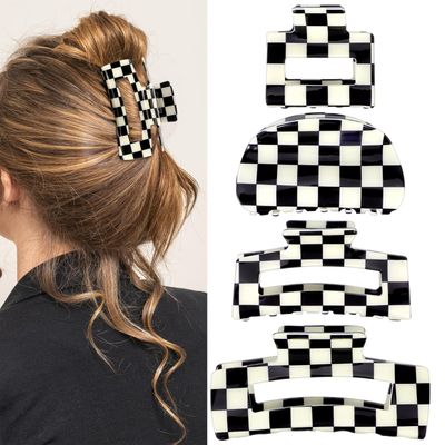 4Pcs Checkered Hair Claw Clips, Non-Slip Hair Jaw Clips for Thick, Thin, Curly, Straight, Long Hair, Simple Style Black and White Square Claw Clips, Women&#39;s Hair Accessories
