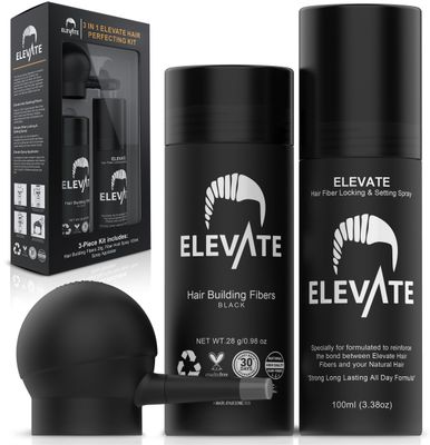 ELEVATE Hair Perfecting 3-in-1 Kit Set Includes Natural Hair Thickening Fibers &amp; Spray Applicator Pump Nozzle &amp; Locking Setting Hold Spray | Instantly Conceal Balding and Thinning Areas (Black)