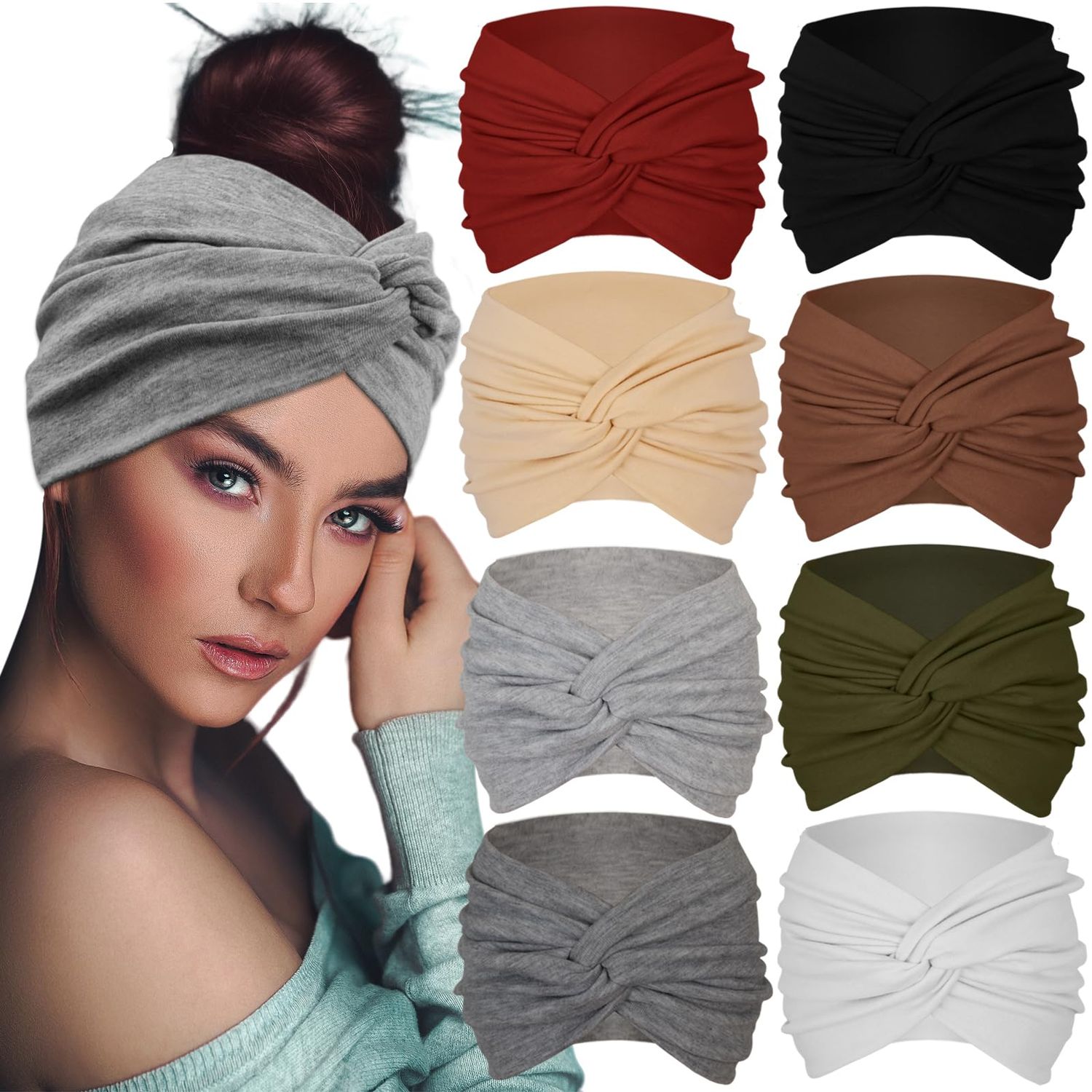 Sefiinh Extra Wide Headbands For Women 7&#39;&#39; Large Headband Twist Head Bands Women&#39;s Hair Band Stretchy Turban Styling Accessories 8 Pack