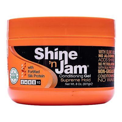 AMPRO Shine-n-Jam Supreme Hold - Conditions Hair with Olive Oil and Silk Protein - Great for Smoothing Fringe, Ponytails, and Up-dos - Firms Tresses with Non-Greasy Shine - 8 oz