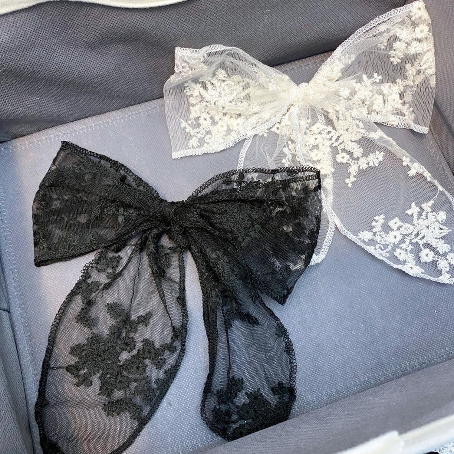 CELLIFEZY 2PCS Large Lace Hair Bow Clips for Women Drape Bow Translucent Mesh Bow Barrette Hair Accessories for Girls Women (Black+White)