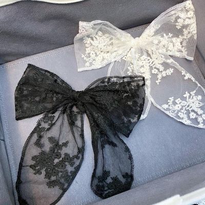 CELLIFEZY 2PCS Large Lace Hair Bow Clips for Women Drape Bow Translucent Mesh Bow Barrette Hair Accessories for Girls Women (Black+White)