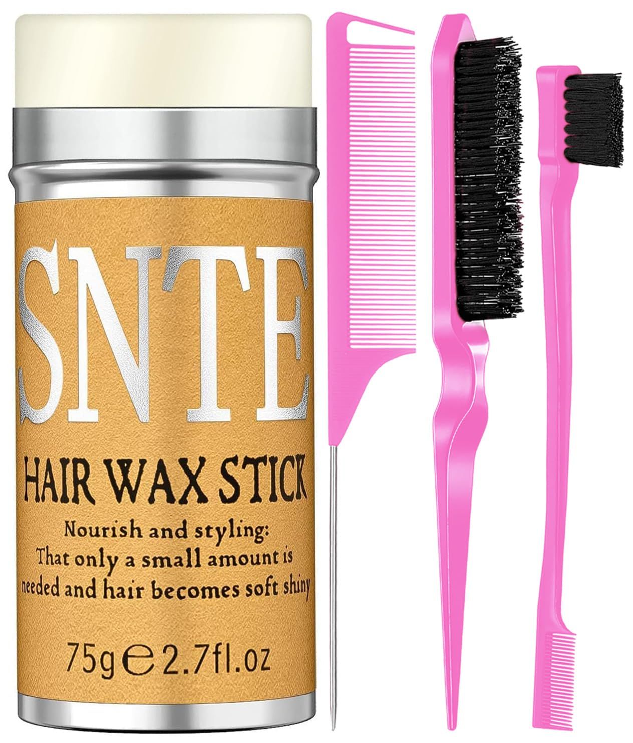 Hair Grooming Kit: Wax Stick for Flyaways, Slick Back Brush, Rat Tail Comb, Bristle Brush Set - Tames Frizz &amp; Controls Baby Hair