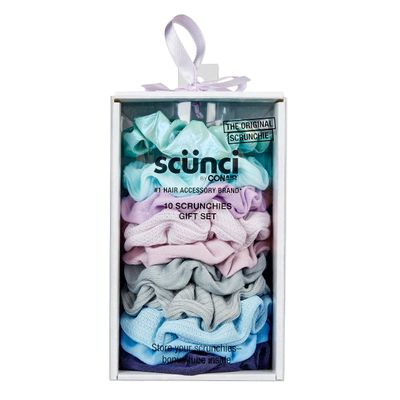Scunci by Conair Gift Set, Gift Box Under 20, Includes 10 Scrunchies in Icy Blue Shades