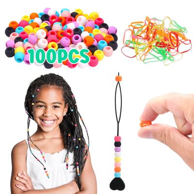 SEVENKA 100 Small Silicone Hair Beads Set for Girls, 5mm Colorful Soft Micro Silicone Hair Beads for Braids for Girls, 2 Plastic Quick Beaders for Hair Braids, 50 Elastic Rubber Bands