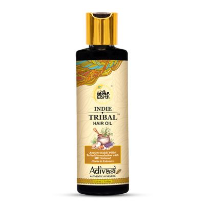 The Indie Earth Indie Tribal Adivasi Hair Oil Based on Hakki Pikki Tribes Hair Care Formula with 50+ potent ingredients including Moringa, Bhringraj, Hibiscus, Heena, Blackseed &amp; Rosemary Oil