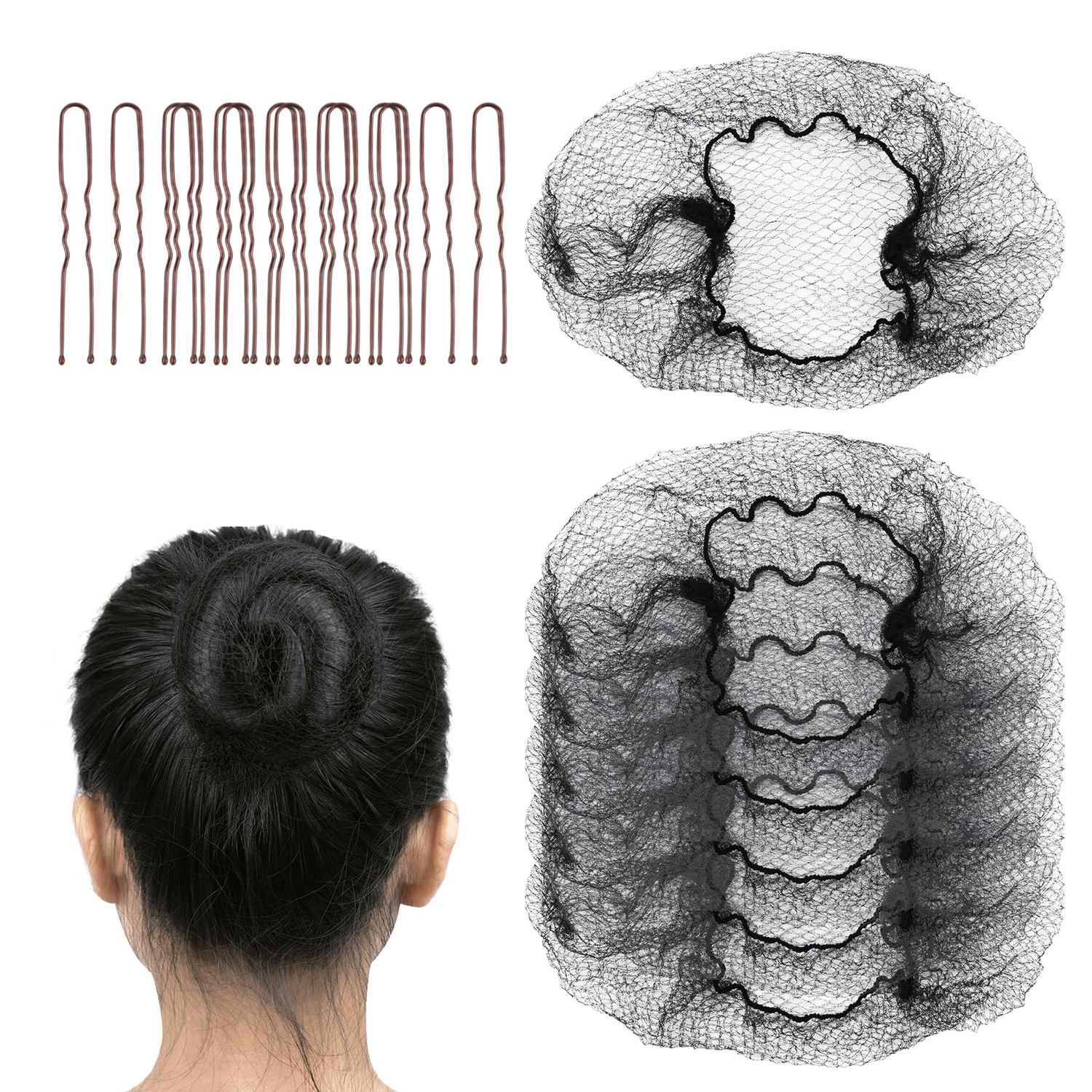 FVOLREM Hair Net Set: 20 Pieces 20-Inch Black Nets, 40 Pieces 2.4-Inch Brown U Pins - For Food Service, Bun Making, Ballet, and Versatile Hairstyling