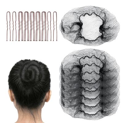 FVOLREM Hair Net Set: 20 Pieces 20-Inch Black Nets, 40 Pieces 2.4-Inch Brown U Pins - For Food Service, Bun Making, Ballet, and Versatile Hairstyling