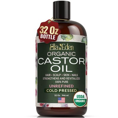 Ella &amp; Eden Organic Castor Oil, Cold-Pressed, Unrefined &amp; Hexane-Free | USDA Certified 100% Pure Castor Oil for Hair Growth, Face, Stomach, Skin, Lashes, Brows, Nails (32 Fl Oz)