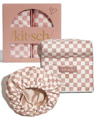 Kitsch Love &amp; Comfort 2PC Spa Set - Satin Lined Reusable Waterproof Shower Cap and XL Quick Dry Hair Towel Wrap for Women, Microfiber Towel, Flexi Shower Cap For All Hair Types - Terracotta Checker