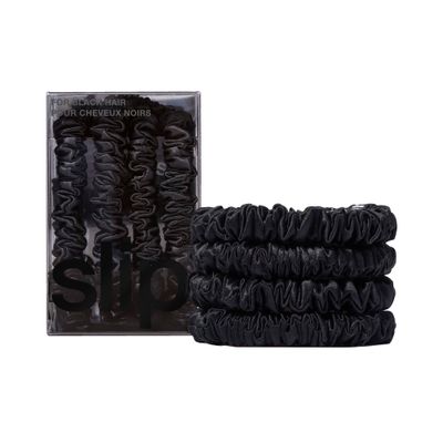slip Silk Skinny Scrunchies - Black | Set of 4 Pure Silk Skinny Scrunchies | 100% Mulberry Silk, Anti-Crease, Gentle on Hair, Reduces Breakage | Stylish &amp; Durable, Ideal for All Hair Types
