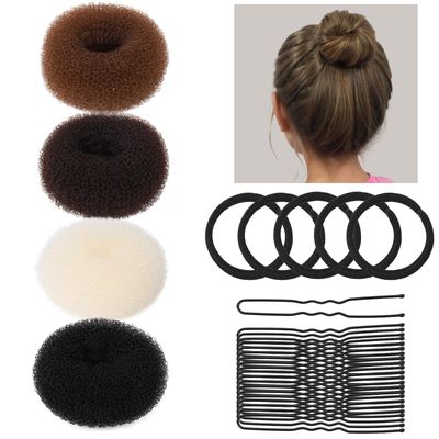 Teenitor Small Donut Hair Bun Maker Set - 4 Colors Small Size Hair Bun Maker, Hair Donuts for Buns Kids, 5 Elastic Bands, 20 Hair Pins, Donut Bun Makers for Kids, Bun Forms for Hair