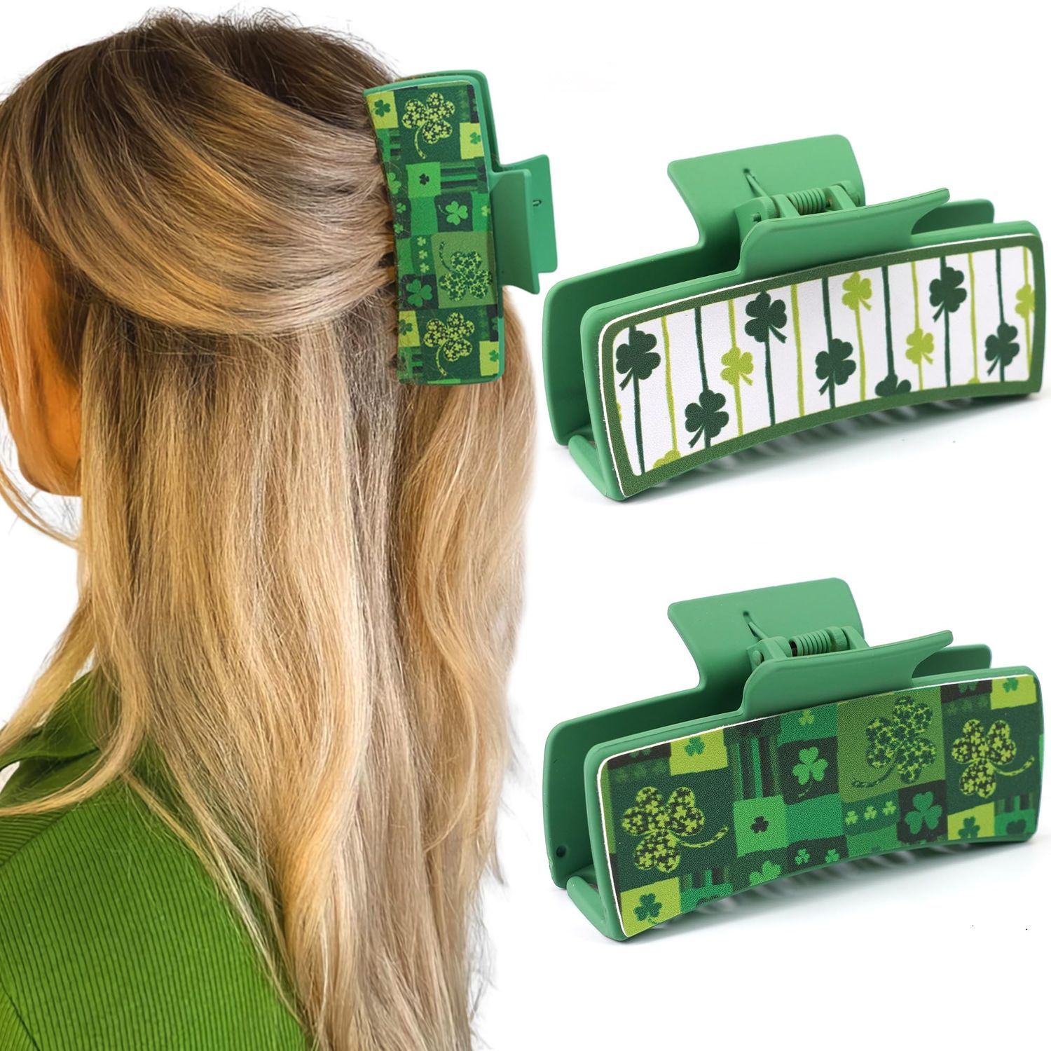 Yxiang St. Patrick&#39;s Day 2Pcs Hair Clips Claw Green Four Leaf Clover Design Green Square Claw Clips for Thick Hair Girls Hair Accessories for Women Hair Decorations Gift