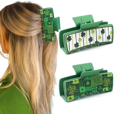 Yxiang St. Patrick&#39;s Day 2Pcs Hair Clips Claw Green Four Leaf Clover Design Green Square Claw Clips for Thick Hair Girls Hair Accessories for Women Hair Decorations Gift