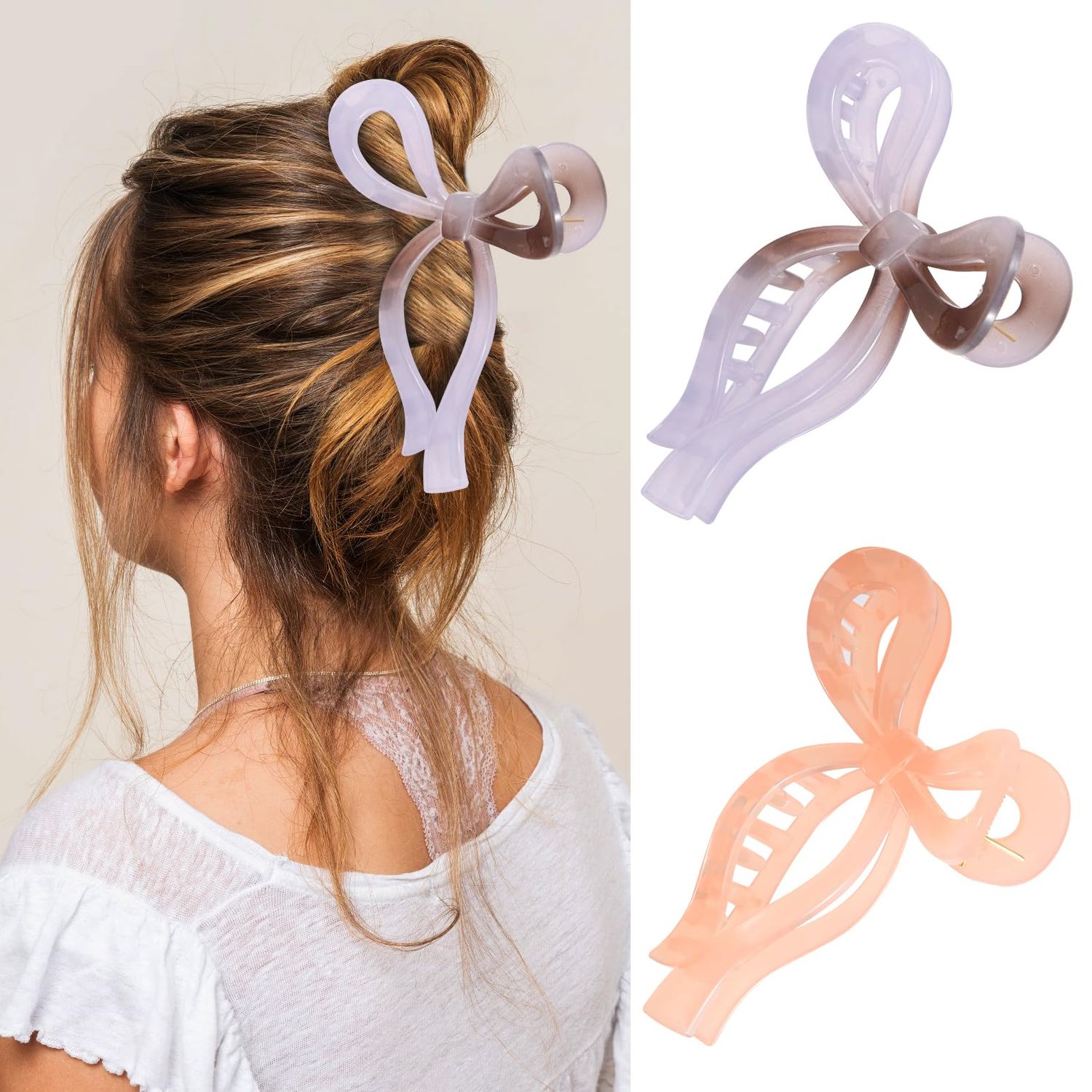 Bow Hair Claw Clips Elegant Large Hair Accessories for Women Gift for Teen Girls Trendy Butterfly Hair Clips for Thick Hair Non-slip Hair Styling Clips (Gray&amp;Pink)