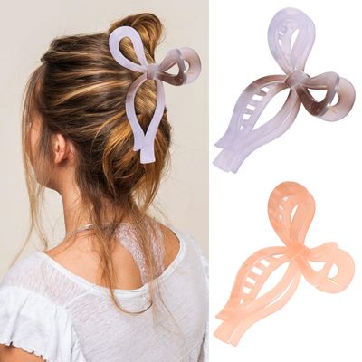 Bow Hair Claw Clips Elegant Large Hair Accessories for Women Gift for Teen Girls Trendy Butterfly Hair Clips for Thick Hair Non-slip Hair Styling Clips (Gray&amp;Pink)