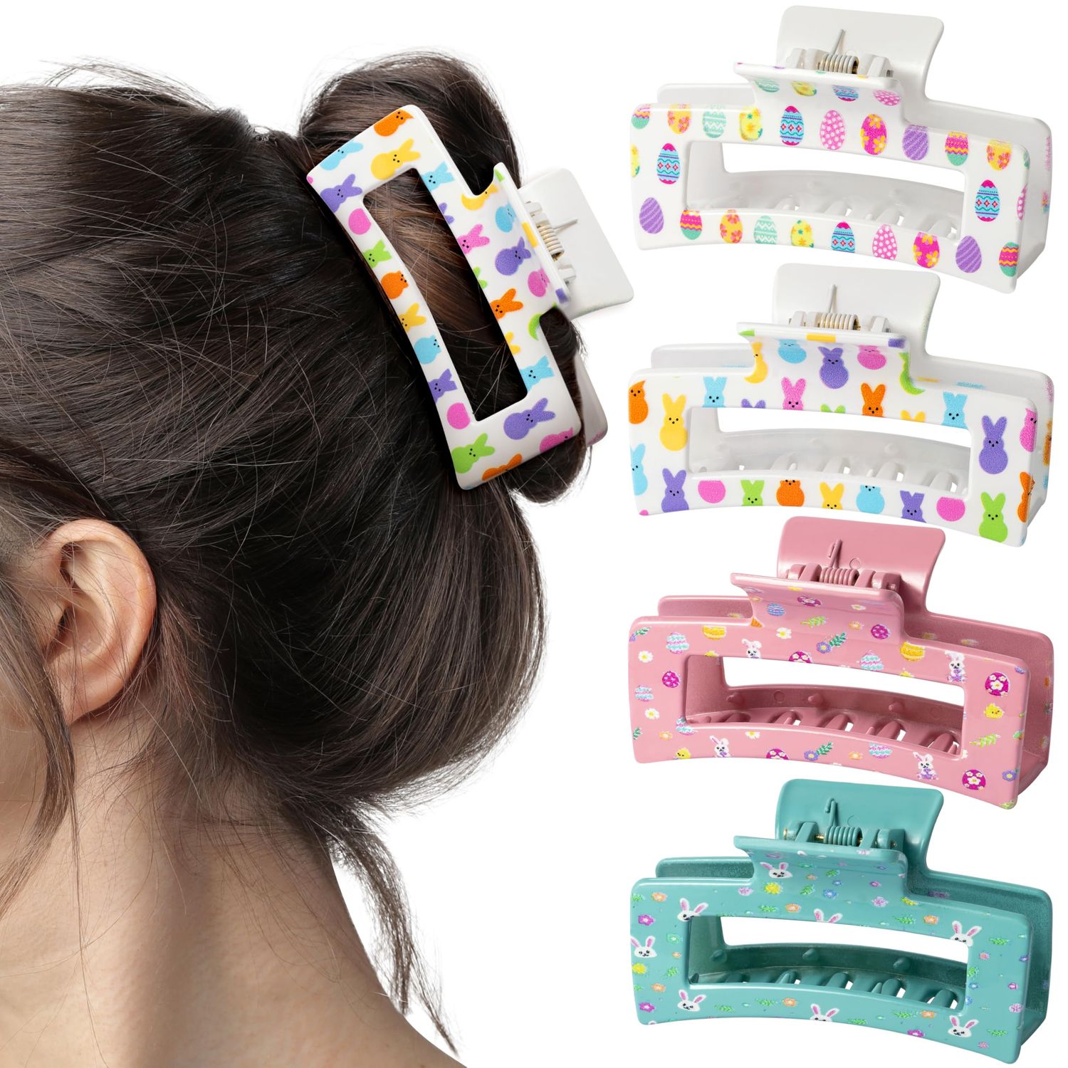 PANTIDE 4Pcs Easter Hair Claw Clips for Women Girls - Cute Bunny Peeps Rabbit Egg Rectangle Nonslip Banana Hair Clips, Thin Thick Short Long Curly Accessories, Easter Spring Party Birthday Gift