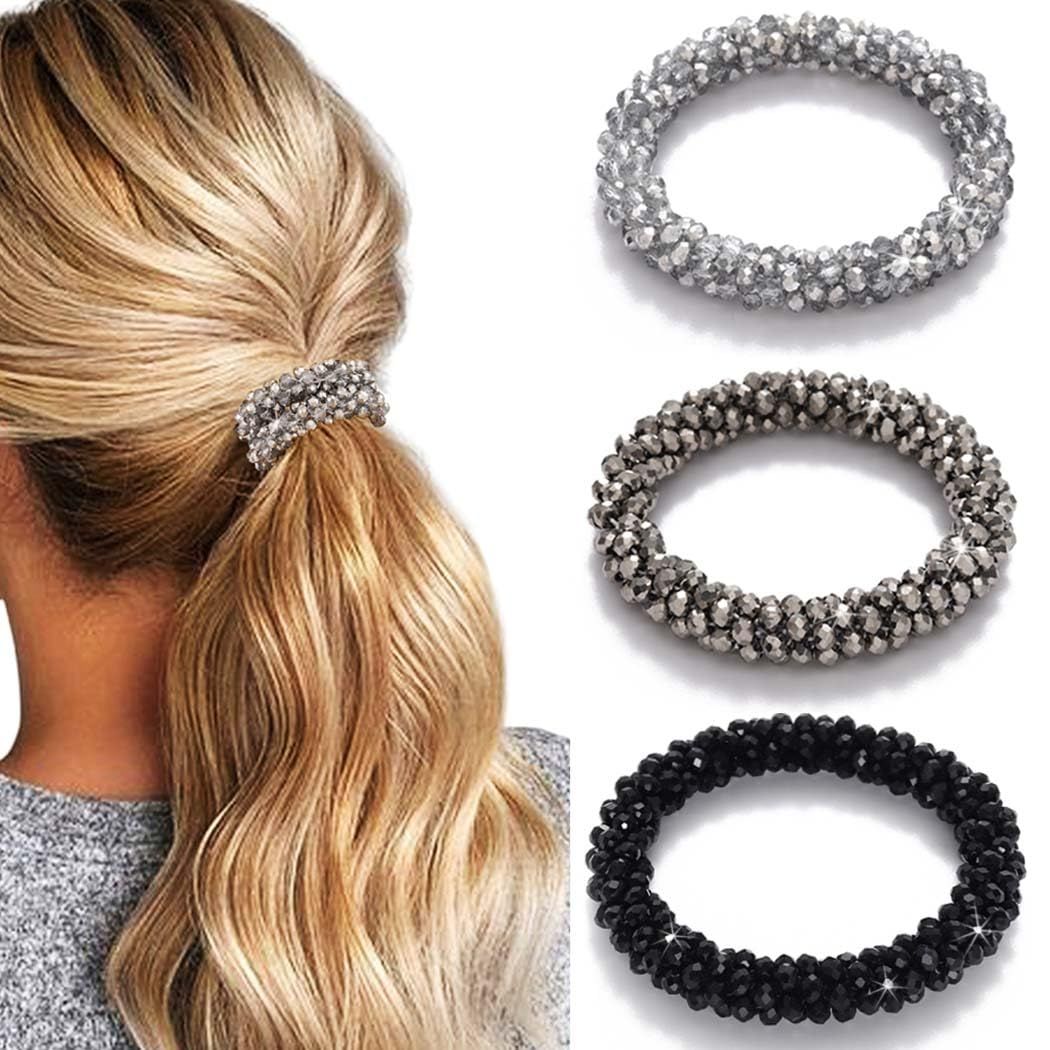 Fashey Rhinestone Hair Ties Elastic Ponytail Holder Sparkly Crystal Hair Scrunchies Beaded Set Hair Bands Hair Accessories for Women and Girls(Pack of 3) (Type A)