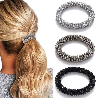 Fashey Rhinestone Hair Ties Elastic Ponytail Holder Sparkly Crystal Hair Scrunchies Beaded Set Hair Bands Hair Accessories for Women and Girls(Pack of 3) (Type A)