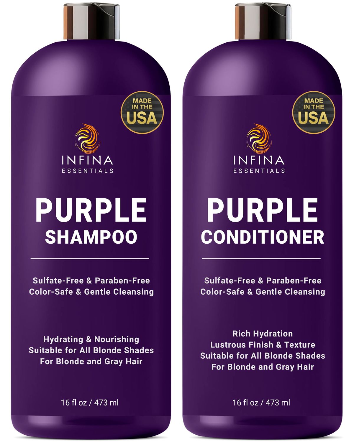 INFINA ESSENTIALS Purple Shampoo and Conditioner Set - Sulfate Free, Enriched with Coconut Oil &amp; Aloe Vera, Ideal for Blonde, Gray, Brassy &amp; Color Treated Hair, Nourishes &amp; Hydrates - 16 fl oz each